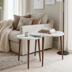 Τραπεζάκι σαλονιού σετ 2 τμχ Nola  χρώμα λευκό εφέ μαρμάρου Ø60x46εκ.