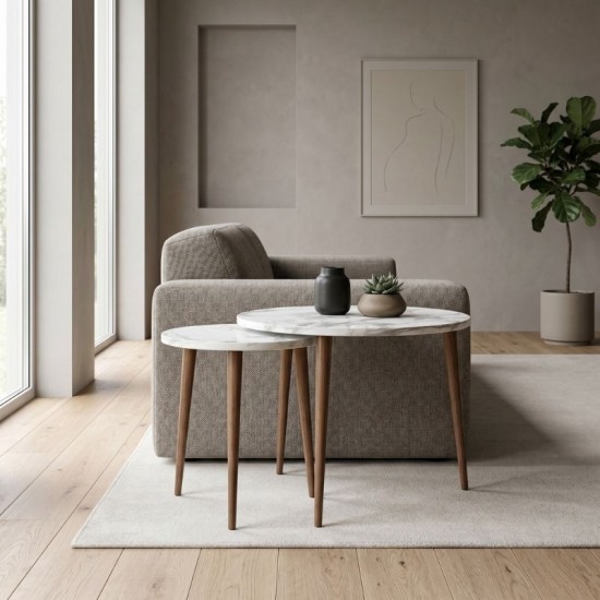 Τραπεζάκι σαλονιού σετ 2 τμχ Nola  χρώμα λευκό εφέ μαρμάρου Ø60x46εκ.