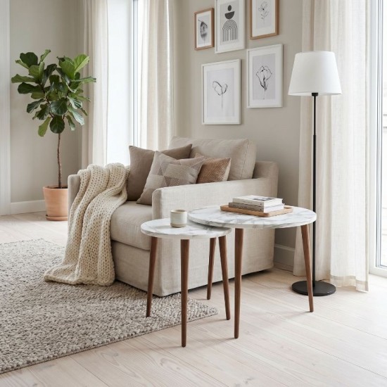 Τραπεζάκι σαλονιού σετ 2 τμχ Nola  χρώμα λευκό εφέ μαρμάρου Ø60x46εκ.