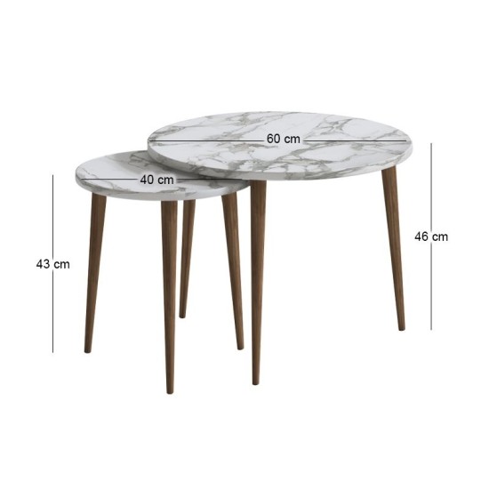 Τραπεζάκι σαλονιού σετ 2 τμχ Nola  χρώμα λευκό εφέ μαρμάρου Ø60x46εκ.