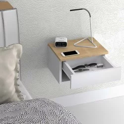 Κομοδίνο επιτοίχιο Mary  χρώμα φυσικό οξιάς - λευκό 40x30x23εκ.