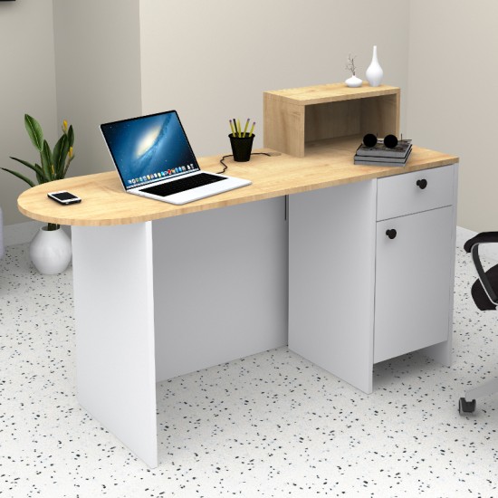 Γραφείο υποδοχής - reception Rezio  χρώμα λευκό - φυσικό οξιάς 140x50x101,8εκ.