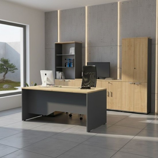 Βιβλιοθήκη γραφείου επαγγελματική Venturo  χρώμα ανθρακί - φυσικό οξιάς 80x40x200εκ.