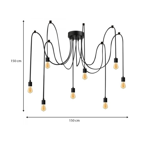 Φωτιστικό οροφής Octopus  E27 οκτάφωτο χρώμα μαύρο 150εκ.