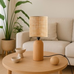 Φωτιστικό επιτραπέζιο Cora  E14 ξύλινο - pe rattan χρώμα φυσικό Ø15x35εκ.
