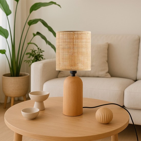 Φωτιστικό επιτραπέζιο Cora  E14 ξύλινο - pe rattan χρώμα φυσικό Ø15x35εκ.