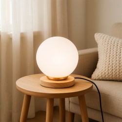 Φωτιστικό επιτραπέζιο Luma  E27 ξύλινο -  γυάλινο χρώμα φυσικό - λευκό Ø12x18εκ.