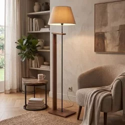Φωτιστικό δαπέδου Moris  MDF - ύφασμα PVC χρώμα καρυδί - μπεζ Φ38x150εκ.