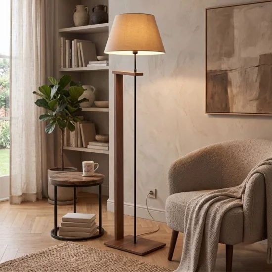 Φωτιστικό δαπέδου Moris  MDF - ύφασμα PVC χρώμα καρυδί - μπεζ Φ38x150εκ.