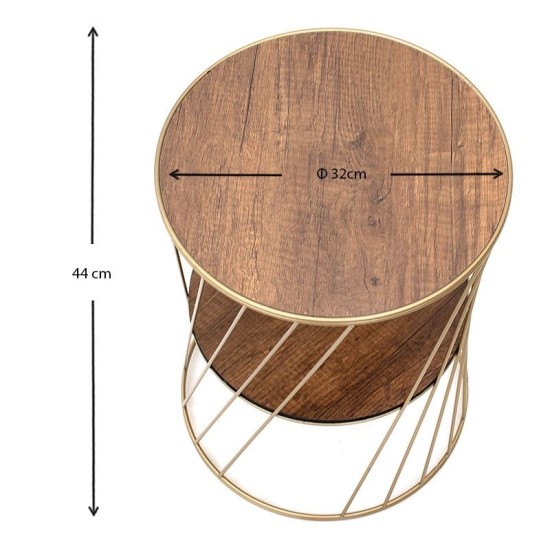 Τραπεζάκι βοηθητικό Jaspin  μεταλλικό - Mdf χρώμα χρυσό - καρυδί 32x32x44εκ.