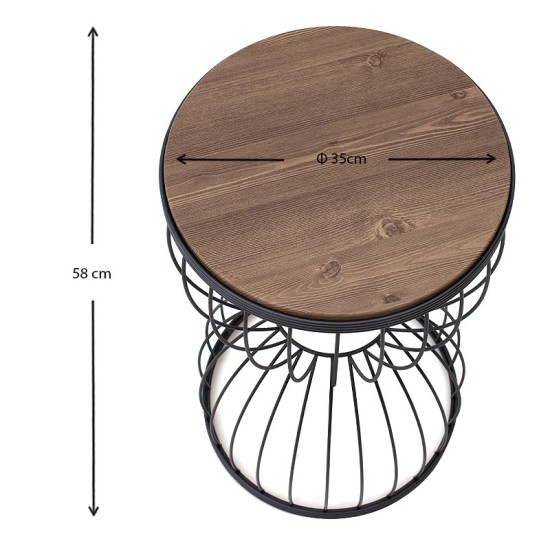 Βοηθητικό τραπεζάκι Pino  μεταλλικό - Mdf χρώμα μαύρο - καρυδί 35x35x58εκ.