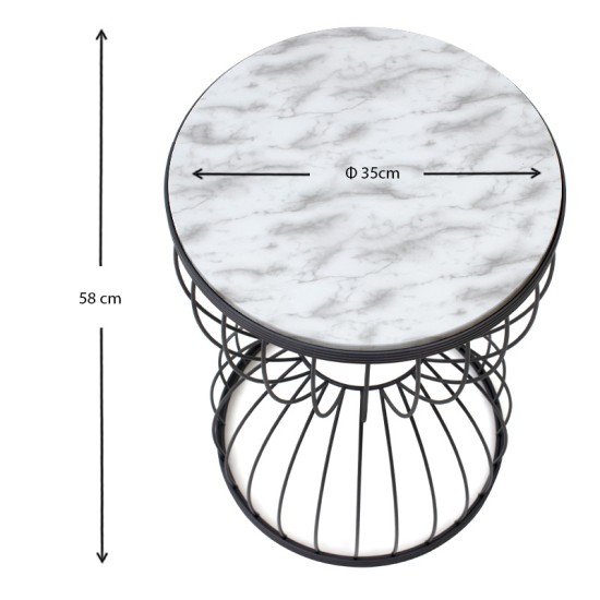 Βοηθητικό τραπεζάκι Pino  μεταλλικό - Mdf χρώμα μαύρο - λευκό εφέ μαρμάρου 35x35x58εκ.
