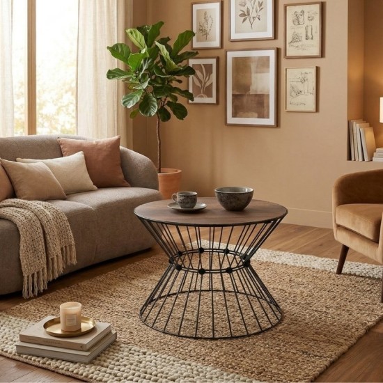 Τραπεζάκι σαλονιού Girene  μεταλλικό - Mdf χρώμα μαύρο - καρυδί Ø55x42εκ.