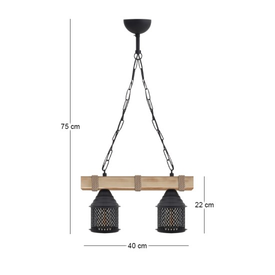 Φωτιστικό οροφής Elora  E27 ξύλινο - μεταλλικό δίφωτο χρώμα φυσικό - μαύρο 40x13x75εκ.