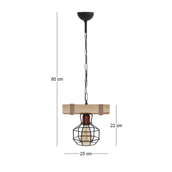 Φωτιστικό οροφής Lumenia  E27 ξύλινο - μεταλλικό μονόφωτο χρώμα φυσικό - μαύρο 25x14x80εκ.