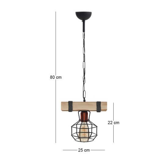 Φωτιστικό οροφής Lumenia  E27 ξύλινο - μεταλλικό μονόφωτο χρώμα φυσικό - μαύρο 25x14x80εκ.