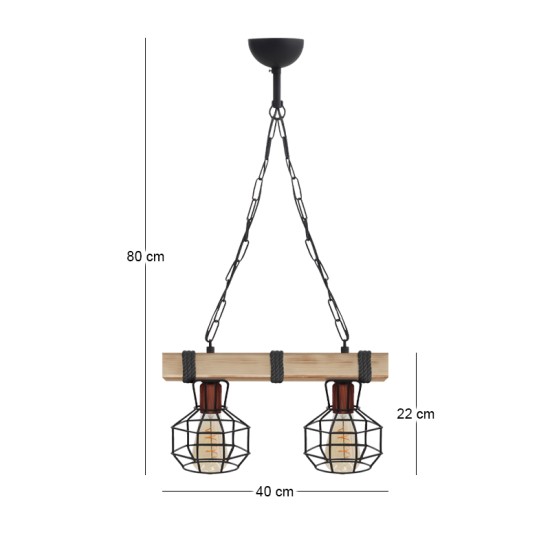 Φωτιστικό οροφής Lumenia  E27 ξύλινο - μεταλλικό δίφωτο χρώμα φυσικό - μαύρο 40x14x80εκ.