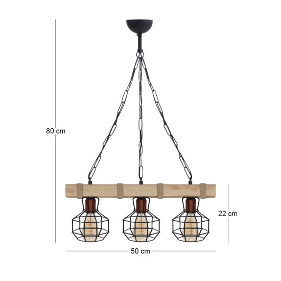 Φωτιστικό οροφής Lumenia  E27 ξύλινο - μεταλλικό τρίφωτο χρώμα φυσικό - μαύρο 50x14x80εκ.
