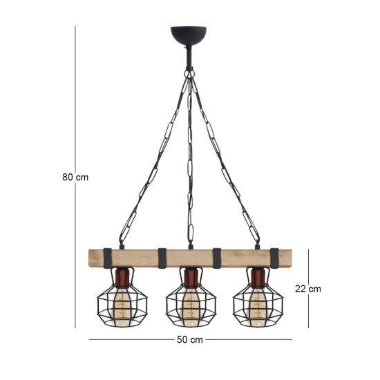 Φωτιστικό οροφής Lumenia  E27 ξύλινο - μεταλλικό τρίφωτο χρώμα φυσικό - μαύρο 50x14x80εκ.