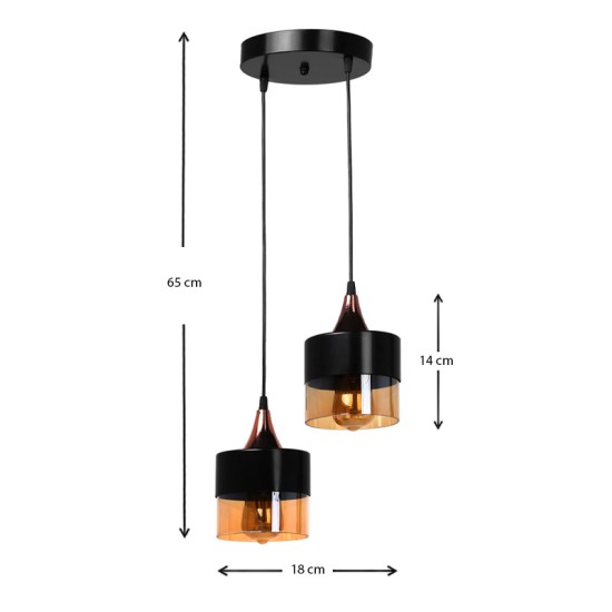 Φωτιστικό οροφής Roxy  E27 μεταλλικό - γυάλινο δίφωτο χρώμα μαύρο 18x18x65εκ.