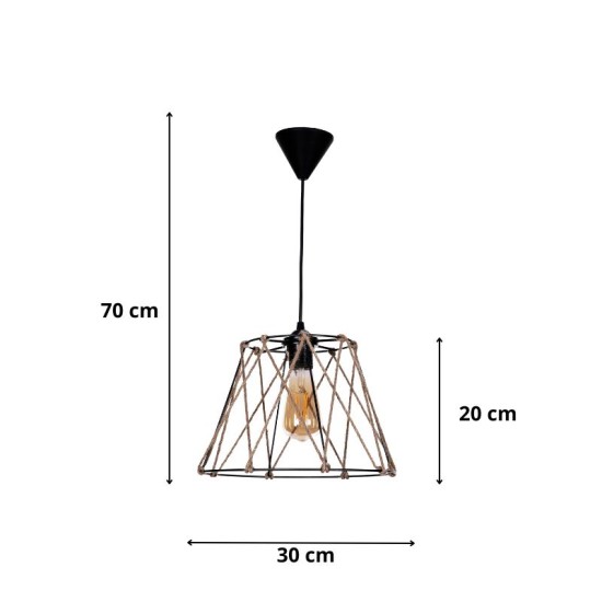 Φωτιστικό οροφής Andro  E27 μεταλλικό - σχοινί μονόφωτο χρώμα μαύρο - φυσικό Ø30x70εκ.