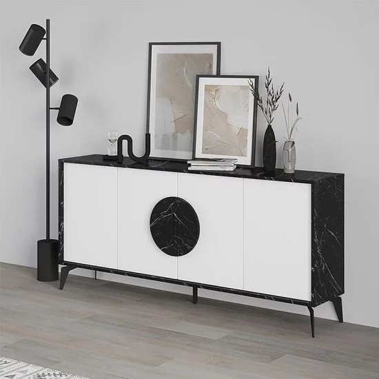 Μπουφές Gora  χρώμα μαύρο εφέ μαρμάρου - λευκό 180x35,6x82εκ.