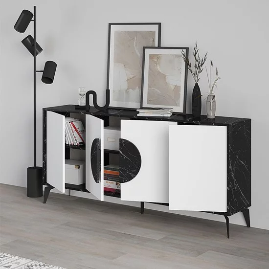 Μπουφές Gora  χρώμα μαύρο εφέ μαρμάρου - λευκό 180x35,6x82εκ.