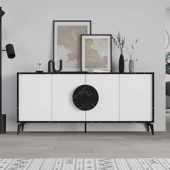 Μπουφές Gora  χρώμα μαύρο εφέ μαρμάρου - λευκό 180x35,6x82εκ.