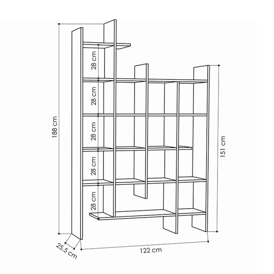 Βιβλιοθήκη μελαμίνης Manco  χρώμα λευκό 122x25,5x188εκ.