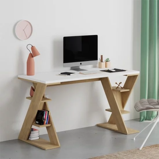 Γραφείο εργασίας Papillon  χρώμα sapphire oak - λευκό 137x60x75εκ