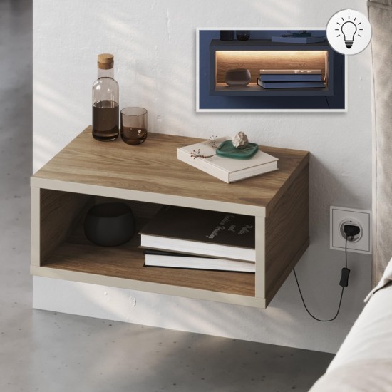 Κομοδίνο επιτοίχιο Brik  με LED χρώμα καρυδί - sandstone 45x30x18εκ.