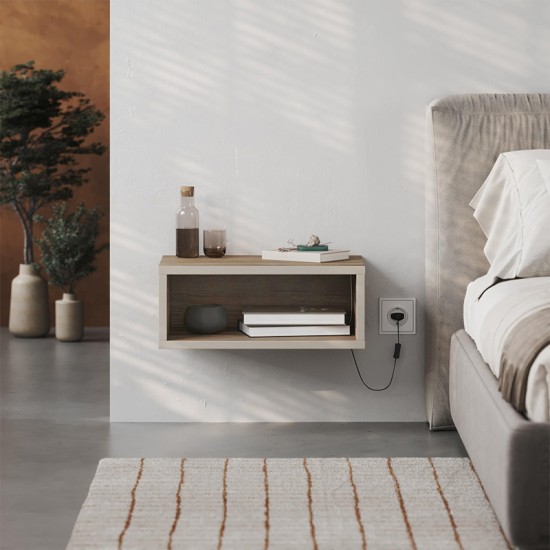 Κομοδίνο επιτοίχιο Brik  με LED χρώμα καρυδί - sandstone 45x30x18εκ.