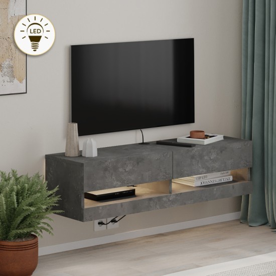 Έπιπλο τηλεόρασης επιτοίχιο Moon  με LED χρώμα γκρι ρετρό 120x33,8x30εκ.
