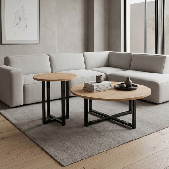 Τραπεζάκι σαλονιού σετ 2 τμχ Mesa  χρώμα sapphire oak Ø90x35,5εκ.