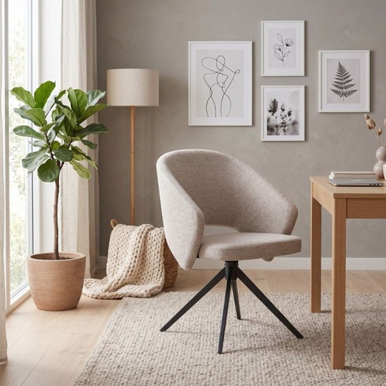 Πολυθρόνα τραπεζαρίας Milano  περιστρεφόμενη χρώμα ανοιχτό μπεζ ύφασμα - μεταλλικό μαύρο πόδι 64x64x83εκ.