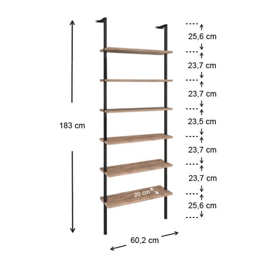 Βιβλιοθήκη τοίχου Madison  μεταλλική - μελαμίνης χρώμα μαύρο - pine oak 60x20x183εκ.