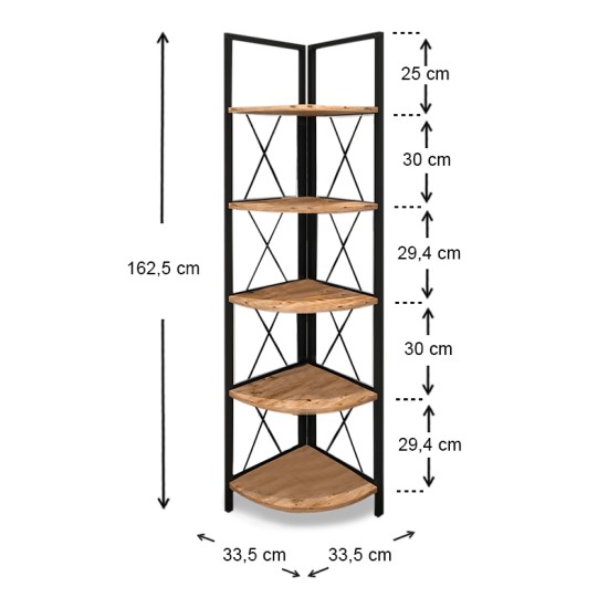 Βιβλιοθήκη γωνιακή Kelsie  μεταλλική - μελαμίνης χρώμα μαύρο - pine oak 33x33x162εκ.