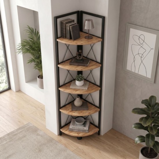 Βιβλιοθήκη γωνιακή Kelsie  μεταλλική - μελαμίνης χρώμα μαύρο - pine oak 33x33x162εκ.