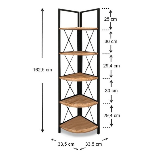 Βιβλιοθήκη γωνιακή Kelsie  μεταλλική - μελαμίνης χρώμα μαύρο - pine oak 33x33x162εκ.