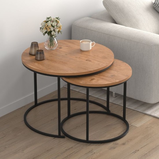 Τραπεζάκι σαλονιού σετ 2 τμχ Hilal  χρώμα pine oak Ø66x49,5εκ.