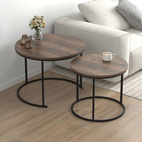 Τραπεζάκι σαλονιού σετ 2 τμχ Hilal  χρώμα καπνιστή καρυδιά Ø66x49,5εκ.