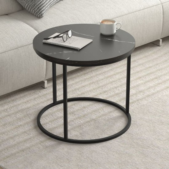Τραπεζάκι σαλονιού σετ 2 τμχ Hilal  χρώμα μαύρο εφέ μαρμάρου Ø66x49,5εκ.