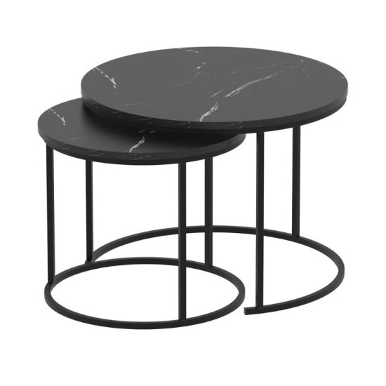Τραπεζάκι σαλονιού σετ 2 τμχ Hilal  χρώμα μαύρο εφέ μαρμάρου Ø66x49,5εκ.