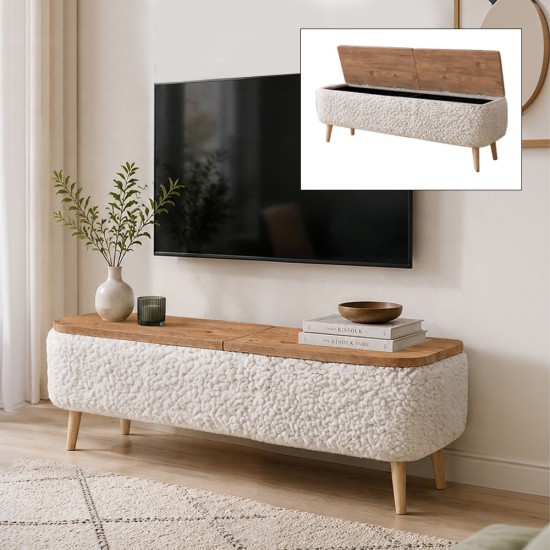 Έπιπλο τηλεόρασης Luno  ύφασμα teddy χρώμα λευκό - pine oak 120x30x45εκ.
