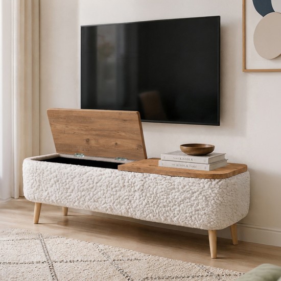 Έπιπλο τηλεόρασης Luno  ύφασμα teddy χρώμα λευκό - pine oak 120x30x45εκ.