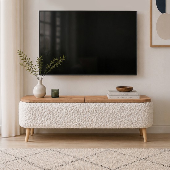 Έπιπλο τηλεόρασης Luno  ύφασμα teddy χρώμα λευκό - pine oak 120x30x45εκ.