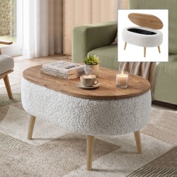 Τραπεζάκι σαλονιού Luno  ύφασμα teddy χρώμα λευκό - pine oak 90x60x45εκ.