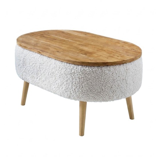 Τραπεζάκι σαλονιού Luno  ύφασμα teddy χρώμα λευκό - pine oak 90x60x45εκ.