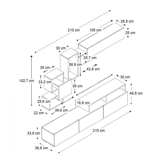 Σύνθεση τηλεόρασης Stamatia  χρώμα λευκό - καρυδί 210x36,8x46,8εκ.