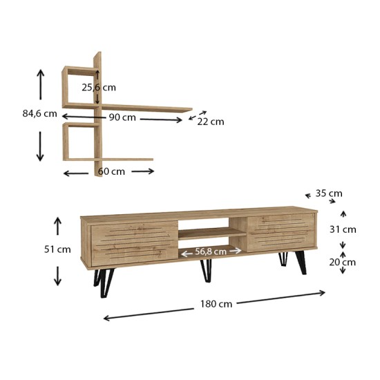 Σύνθεση τηλεόρασης Salerno Megapap από μελαμίνη χρώμα sapphire oak 180x35x51εκ. - 0212792